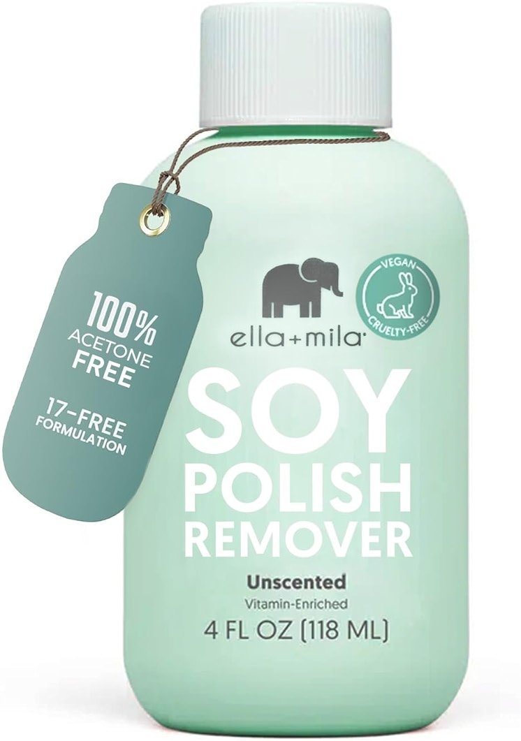 ella+mila Soy Nail Polish Remover – Unscented, Non-Acetone, Non-Toxic Fingernail Polish Remover for Natural Nails – Gentle, Vegan Formula Enriched with Vitamins A, C & E (4 fl oz) - Product Image