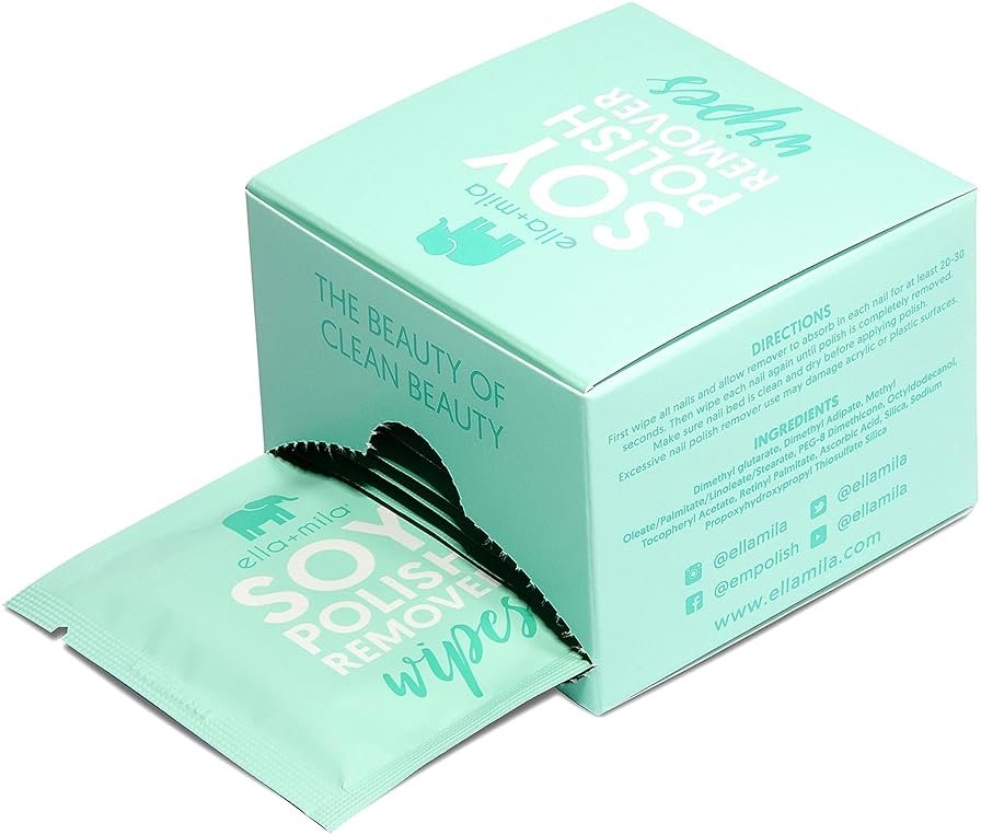 ella+mila Soy Nail Polish Remover Wipes - Non-Acetone, Non-Toxic Fingernail Polish Remover Pads - Travel Size, Individually Wrapped, Lint Free - Enriched with Vitamins (12 Pack) - Product Image