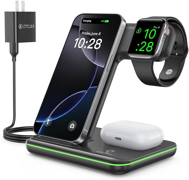 WAITIEE Foldable Wireless Charger for iPhone 17 16 15 14 13 12 11 X 8, 3 in 1 Charging Station for Apple Watch & for AirPods (Black) - Product Image