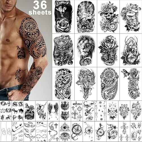 Yazhiji 36 Sheets Temporary Tattoos Stickers, 12 Sheets Fake Body Arm Chest Shoulder Tattoos for Men or Women with 24 PCS Tiny Black Tattoos - Product Image
