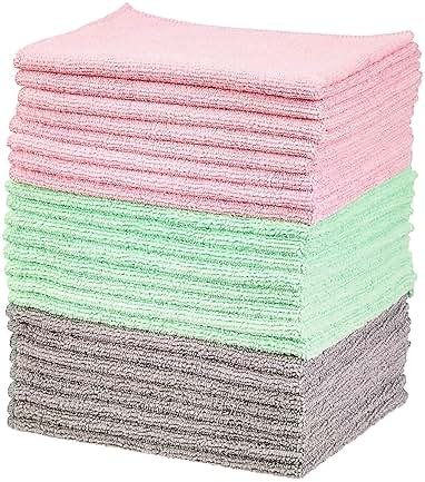 Amazon Basics Microfiber Cleaning Cloths, Ultra-Soft and Highly Absorbent, Streak-Free, Lint-Free, Scratch-Free, Washable, for Car Detailing and Glass Cleaning, 16" x 12", Green/Gray/Pink, 24-Pack - Product Image
