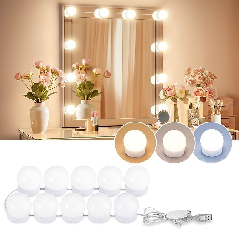 LED Vanity Lights For Mirror, Consciot Hollywood Style Vanity Lights With 10 Dimmable Bulbs, Adjustable Color & Brightness, USB Cable, Mirror Lights Stick on for Makeup Table Dressing Room Mirror - Product Image