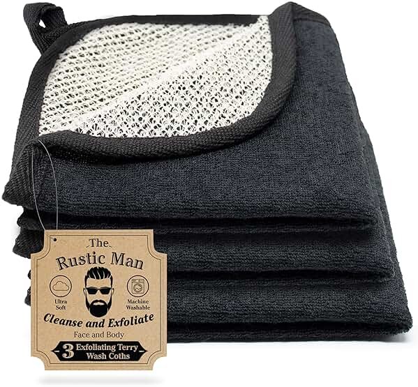 The Rustic Man Terry Wash Cloths for Face and Body, Dual-Sided Cleansing and Exfoliating Washcloths, Machine Wash, Black, 3 Count - Product Image