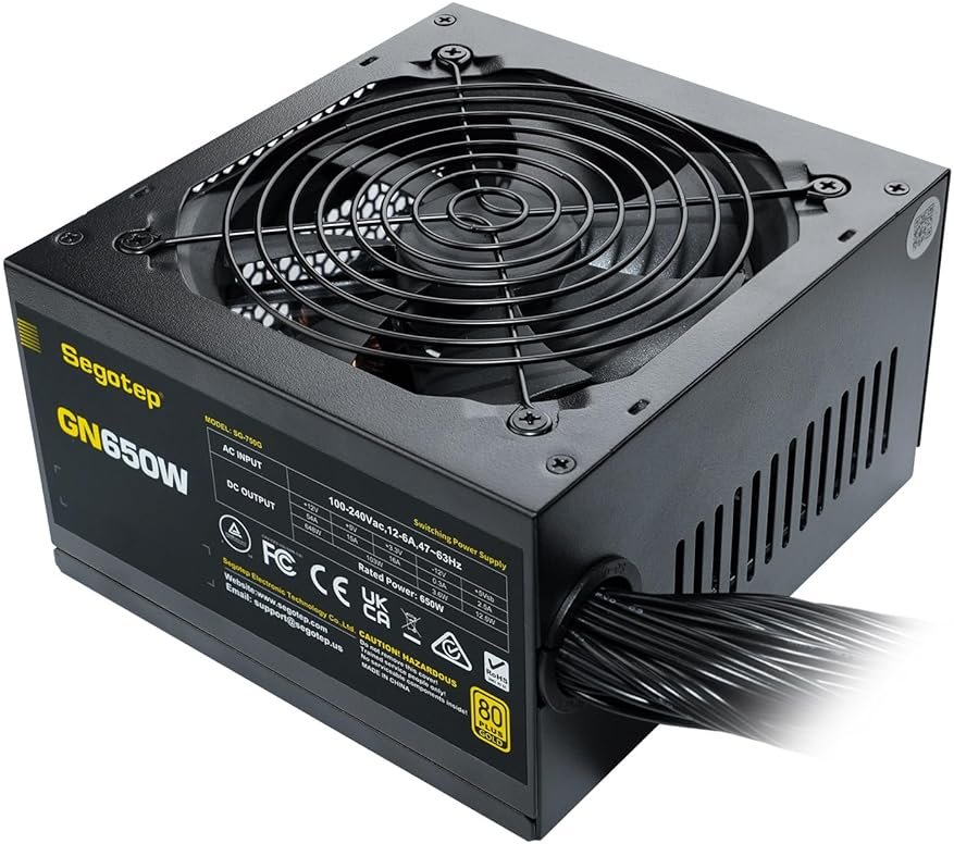 Segotep 650W 80 Plus Gold Certified Non-Modular ATX Power Supply with 6+2 Pin Connectors PFC Protection and RoHS Compliance, 120mm Silent Fan Gaming PSU GN-650 Black - Product Image