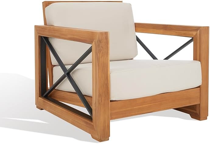 Safavieh CPT1009A Couture Curacao Brazilian Teak Outdoor Patio Club Chair, Natural/White - Product Image