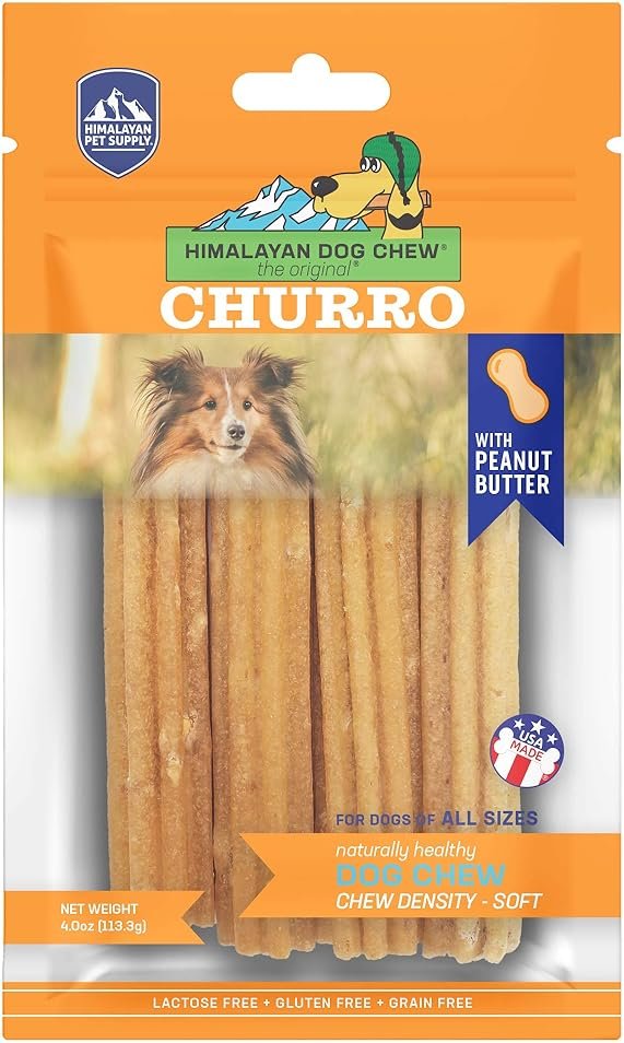 Himalayan Dog Chew Churro Yak Cheese Dog Chews, 100% Natural, Long Lasting, Gluten Free, Healthy & Safe Dog Treats, Lactose & Grain Free, Protein Rich, Real Peanut Butter Flavor, 4 Churros Per Pouch - Product Image