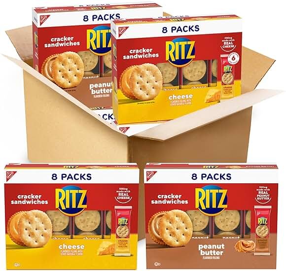 RITZ Peanut Butter and Cheese Sandwich Crackers Variety Pack, Lunch Snacks, 32 Snack Packs (6 Crackers Per Pack) - Product Image