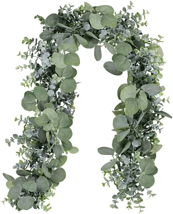 Winlyn 5.9' Long Faux Silver Dollar Eucalyptus Leaves Greenery Artificial Garland in Grey Green for Wedding Arch Swag Backdrop Doorways Table Runner Indoor Outdoor - Product Image