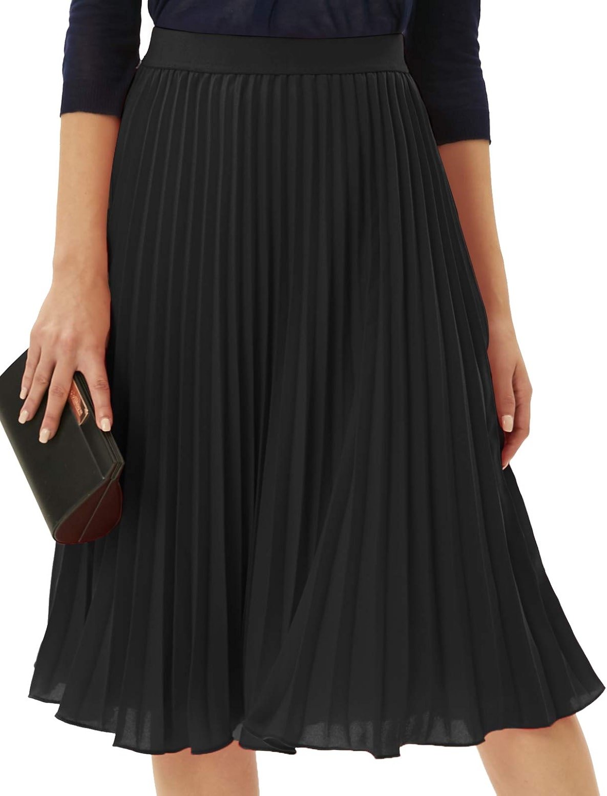GRACE KARIN Pleated Midi Skirt for Women,Chiffon Elastic High Waist Knee Length Skirts,Swing Flare A-Line Outfits - Product Image