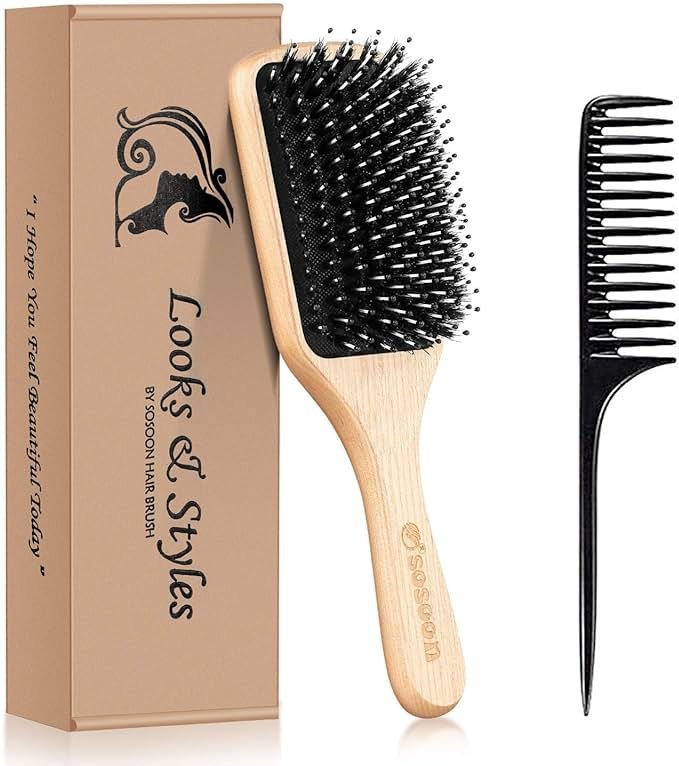Hair Brush, Sosoon Boar Bristle Paddle Hairbrush for Long Short Thick Thin Curly Straight Wavy Dry Hair for Men Women Kids, No More Tangle, Giftbox & Tail Comb Included - Product Image