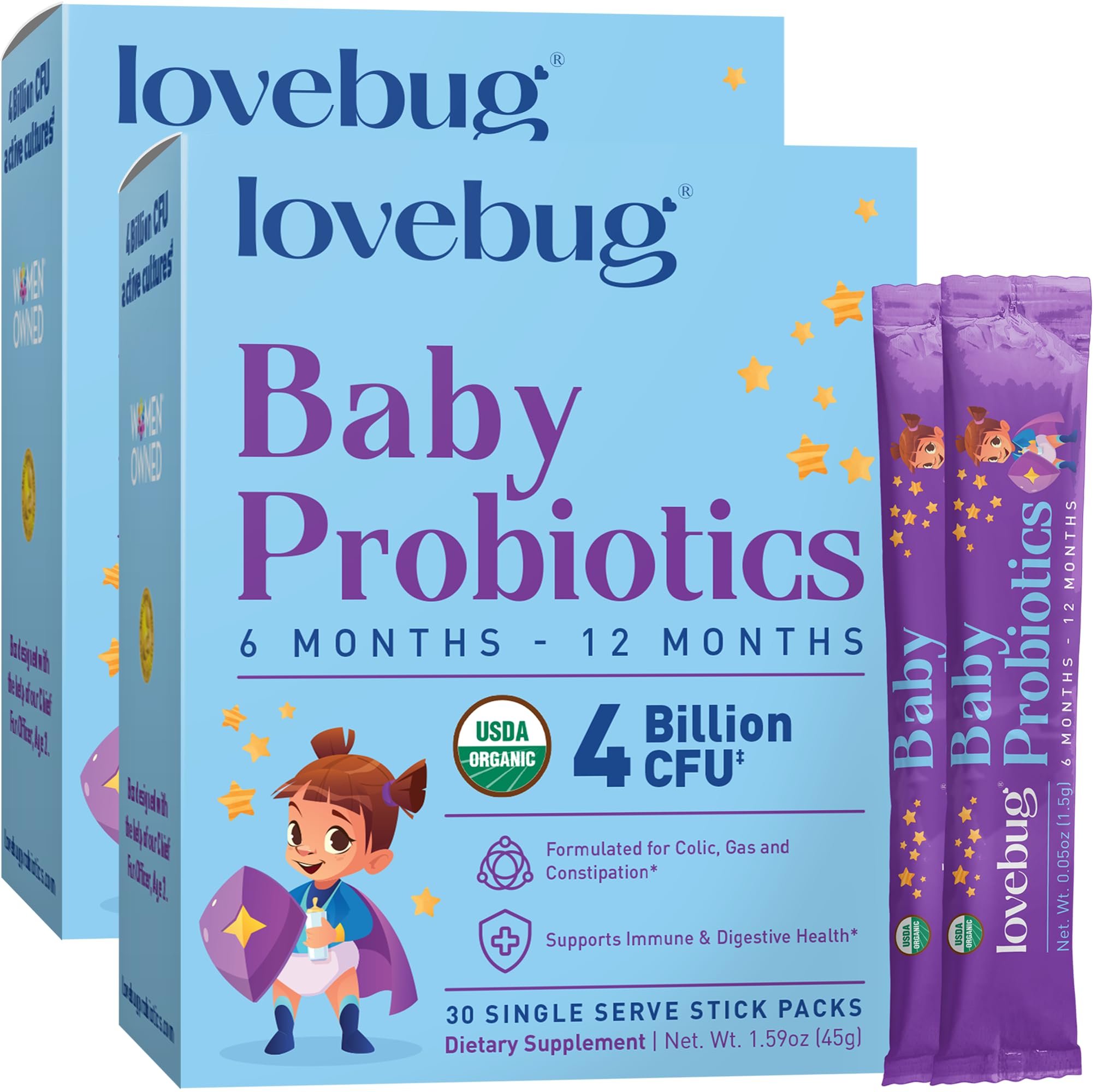 LOVEBUG Award Winning USDA Organic Probiotic for Babies | Multi-Strain 4 Billion CFU | Easy-to-Take Powder | Sugar Free | Ages 6-12 Months | 60 Packets - Product Image
