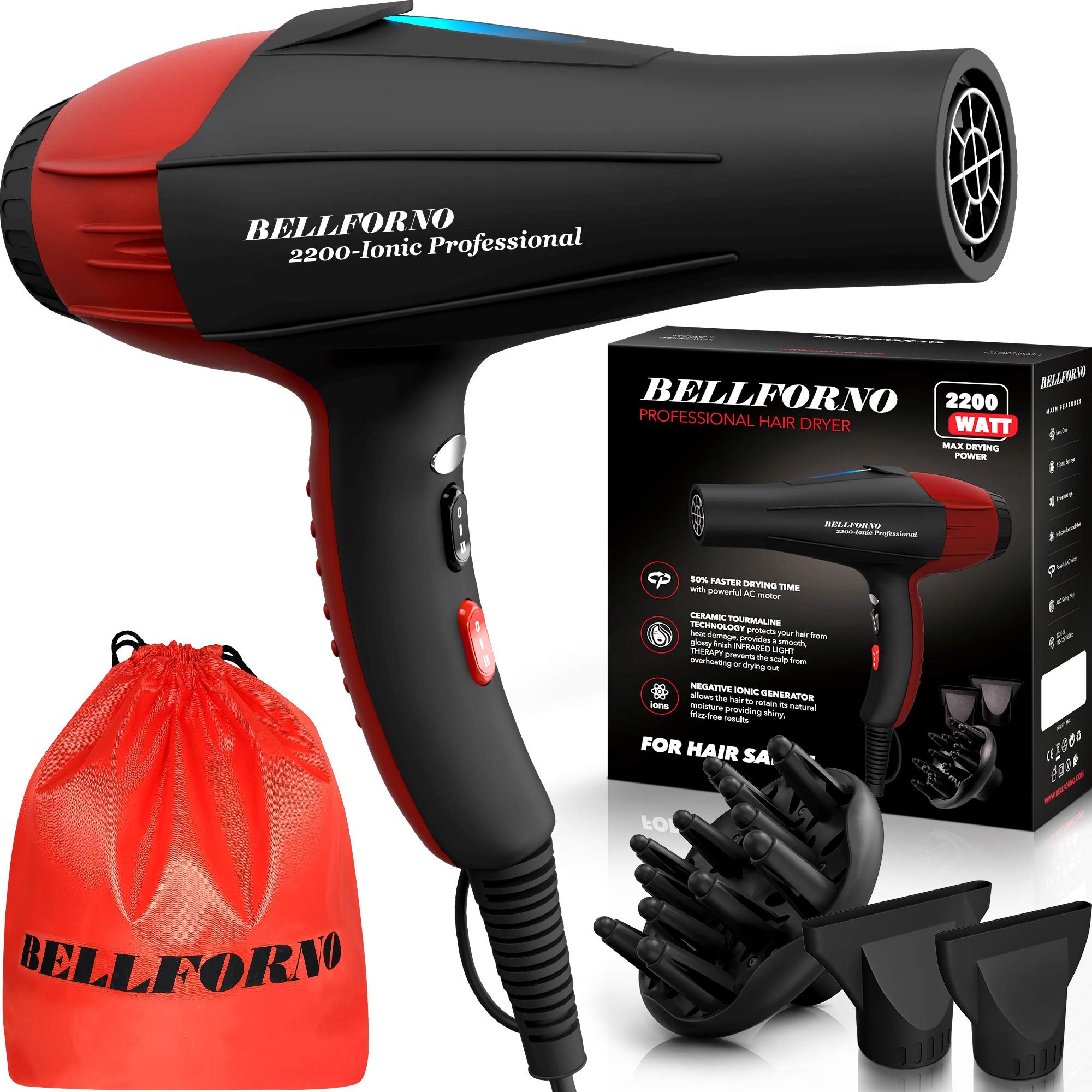 Professional Ionic Salon Hair Dryer, 2200 Watt Powerful AC Motor Ceramic Tourmaline Ion Blow Dryer, Quiet Hair Dryers with Diffuser & 2 Concentrator Nozzle Attachments Black/Red - Product Image