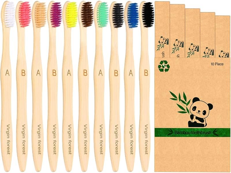 Virgin Forest 10 Count Bamboo Toothbrush, Soft Bristle for Adults, Eco Friendly Natural Wooden Toothbrushes, Vegan Organic Bamboo Travel Tooth Brush (10 Colors) - Product Image