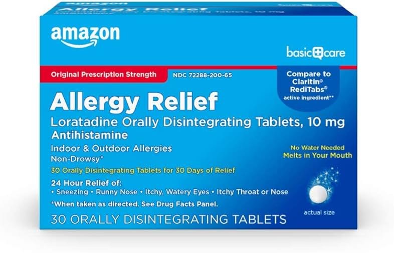 Amazon Basic Care Loratadine Orally Disintegrating Tablets, 10 mg, Antihistamine, Allergy Medicine, 24 Hour Relief, Non-Drowsy, 30 Count - Product Image