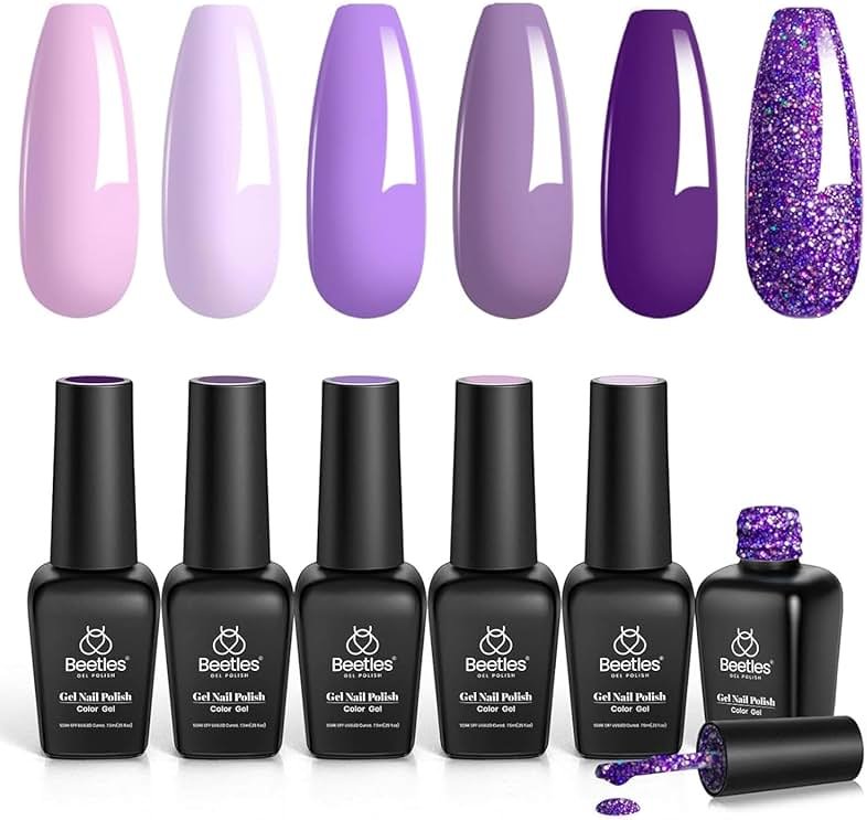 Beetles Purple Gel Polish Set - Grape Vine 6 Colors Lavender Dark Lilac Glitter Pink Nail Polish Soak Off Uv LED Gel Nail Kit Salon DIY Nail Art Manicure Home Spring Gifts for Women - Product Image