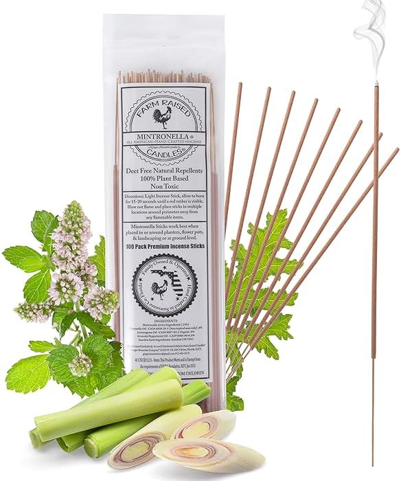 Farm Raised Candles Mintronella USA Made Citronella & Peppermint Mosquito Repellent Incense Sticks – 100 Pack – Natural Bug & Insect Repellent – Outdoor Camping, Patio Decor – No‑See‑Um & Gnats, Fly - Product Image