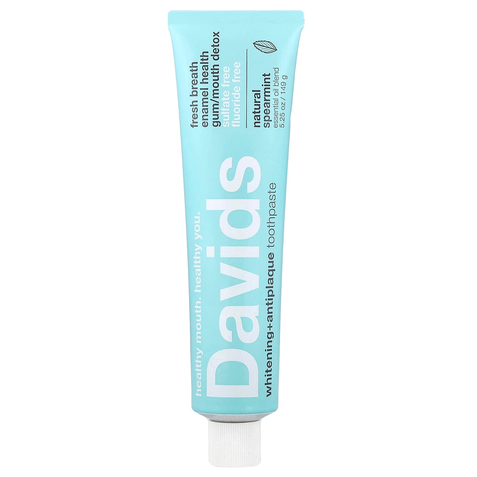 Davids Fluoride Free Toothpaste, Teeth Whitening, Antiplaque, SLS (Sulfate) Free, Promotes Enamel Health, Mouth & Gum Detox, EWG Verified, Natural Spearmint, 5.25oz, Made in USA - Product Image