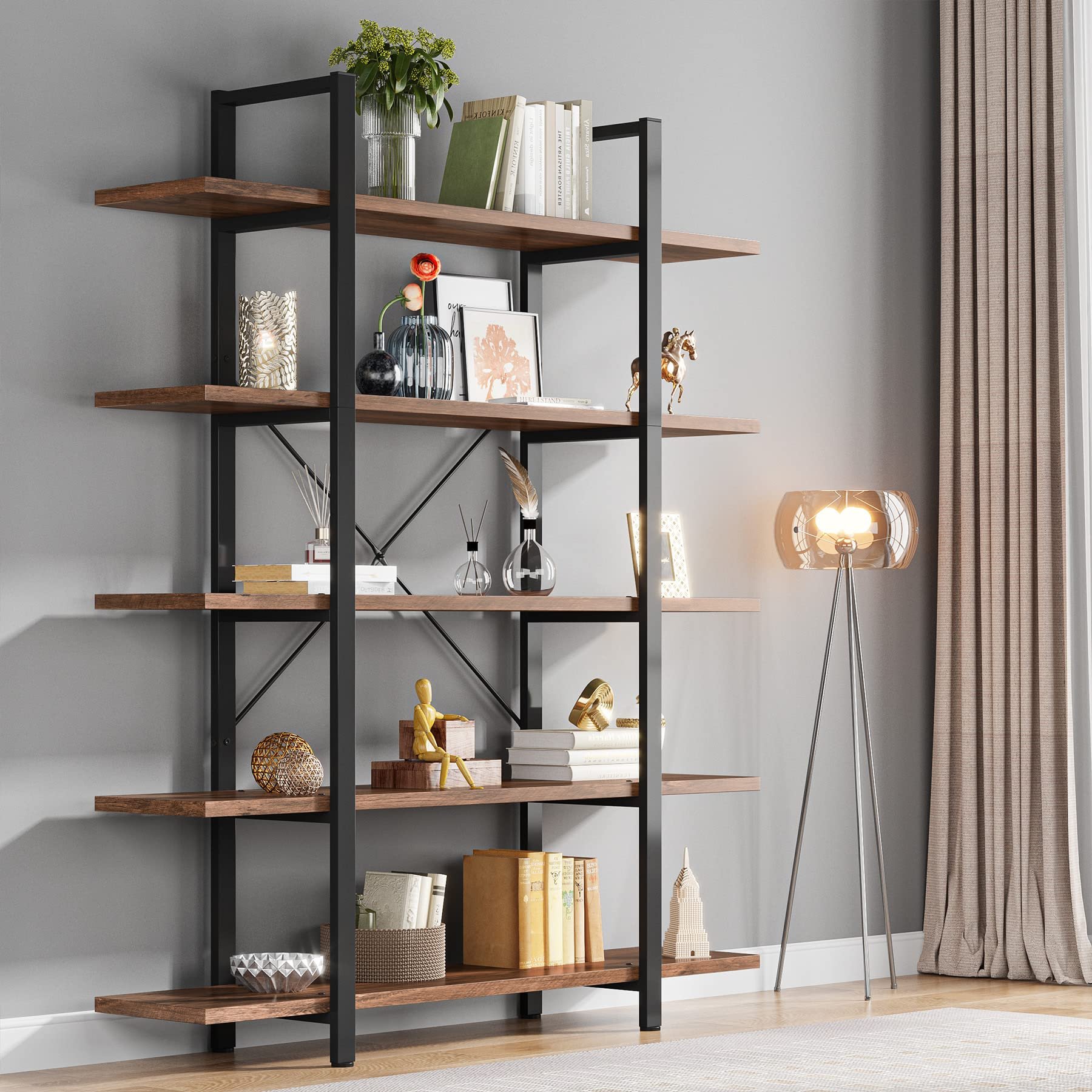 Tribesigns 5-Tier Bookshelf, Vintage Industrial Style Bookcase 72 H x 12 W x 47L Inches - Product Image