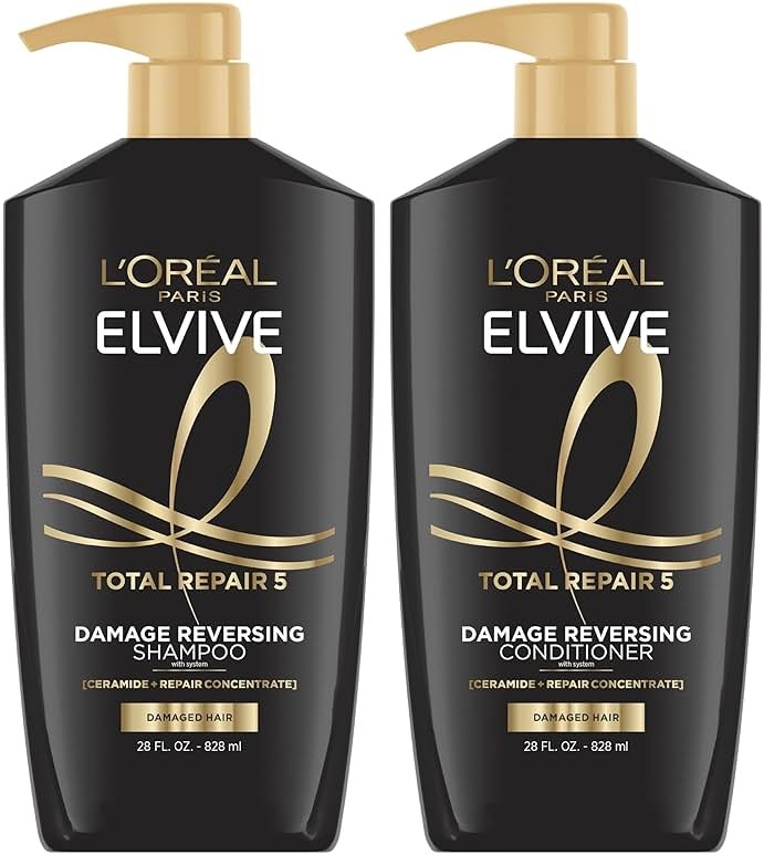 L'Oreal Paris Elvive Total Repair 5 Damage Reversing Shampoo and Conditioner Set for Dry and Damaged Hair, Hair Repair Formula with Protein and Ceramide, 56 Fl Oz Set - Product Image