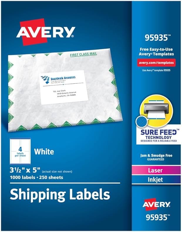 Avery Shipping Address Labels, Laser & Inkjet Printers, 1,000 Labels, 3-1/2 x 5, Permanent, 2 Packs (95935) - Product Image