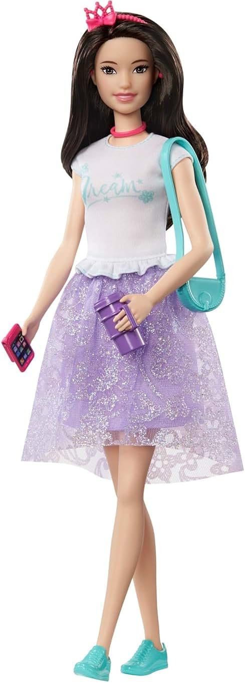 Barbie Princess Adventure Renee Doll (12-inch Brunette) in Fashion and Accessories, with Smart Phone, Purse, Travel Mug and Tiara, Gift for 3 to 7 Year Olds - Product Image