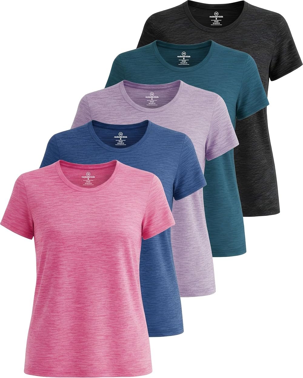 Real Essentials 5 Pack: Women's Short Sleeve T-Shirts Workout Tops Fitness Pilates Gym Activewear Athletic (Plus Available) - Product Image