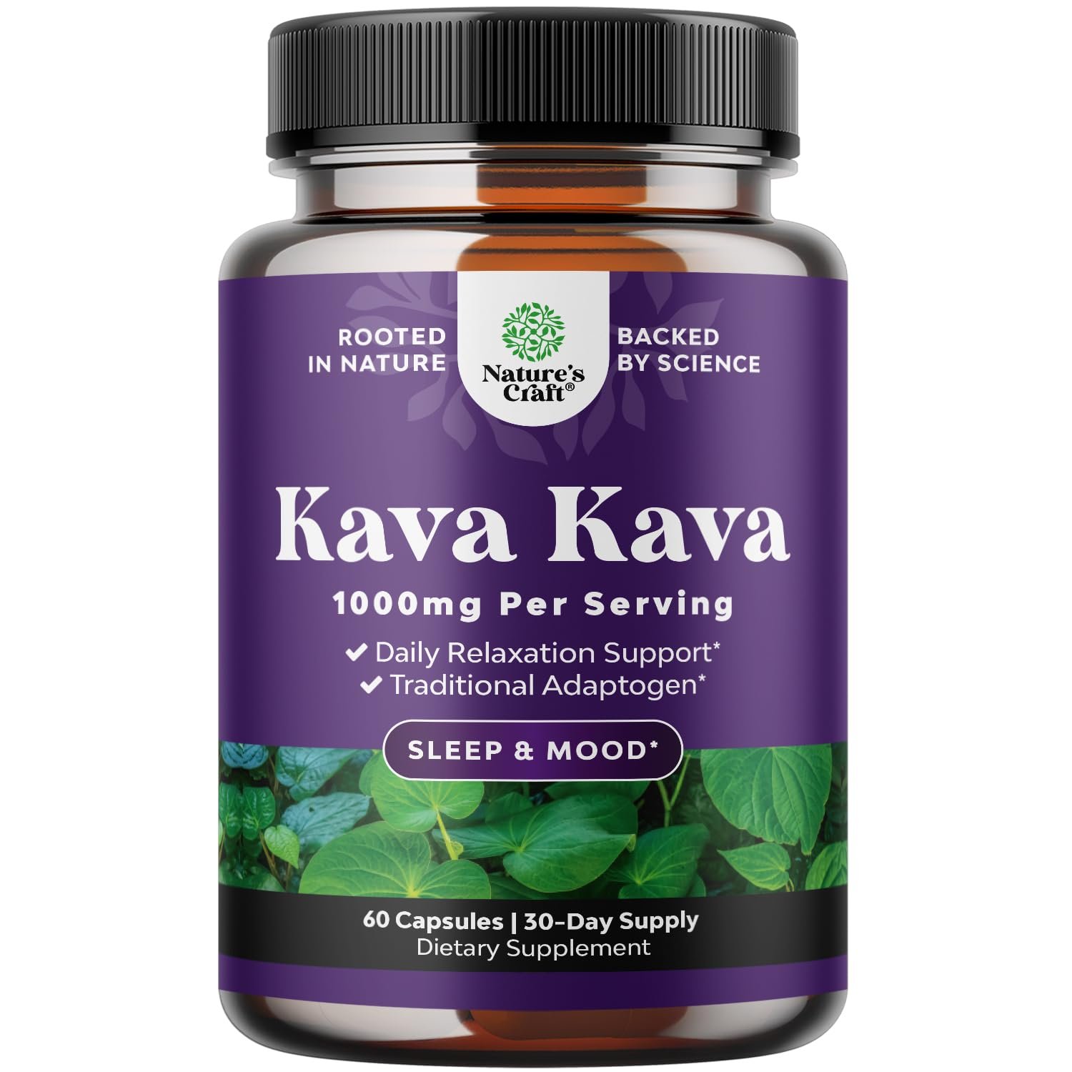 Kava Kava Root Extract Supplement 1000mg per Serving - Fast Acting Herbal Support for Balanced Mood - Relax Calming Capsules for Stress Support & Better Sleep - 60 Count - Product Image
