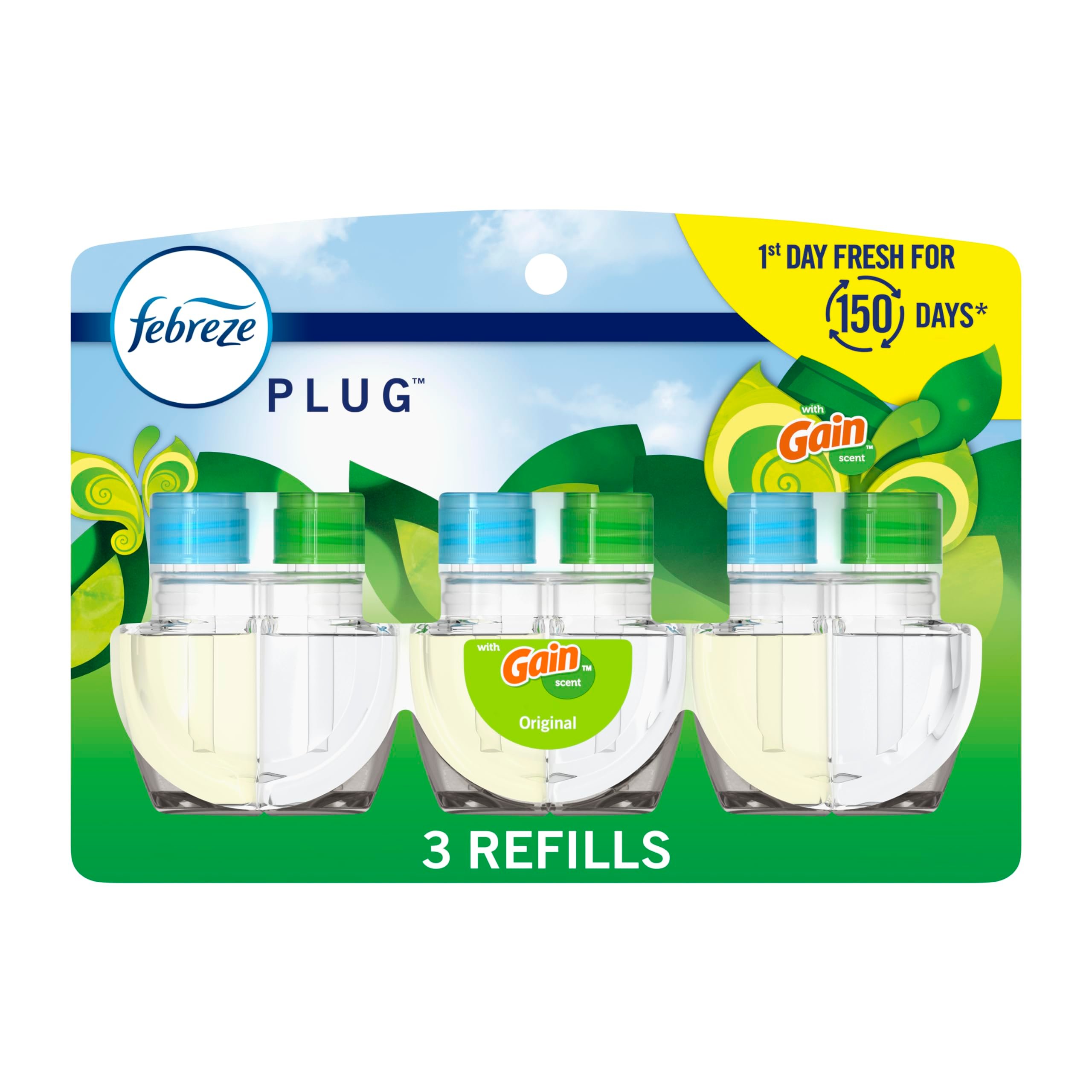 Febreze Plug-In Air Freshener, Odor-Fighting Scented Oil Refill, Air Fresheners for Home, Bathroom and Kitchen, Long Lasting, Gain Original Scent, 0.87oz Refills, Blue and Green, 3 Count - Product Image