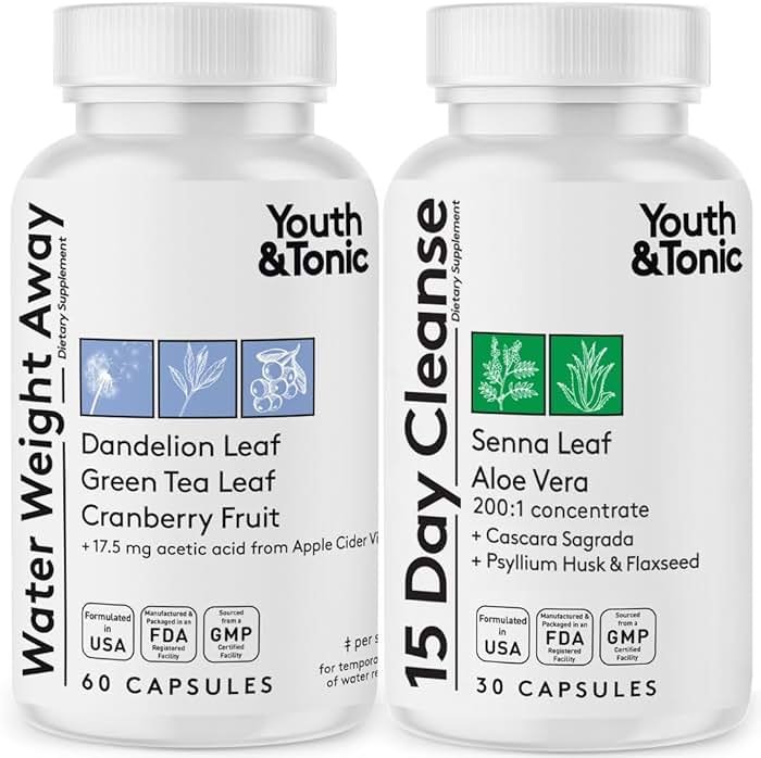 Youth & Tonic Water Pills Weight Loss for Women + 15 Day Cleanse Detox 2pk | Water Retention + Colon Cleanse & Gut Cleanser, Belly Bloat & Occasional Constipation Relief, Body Detox Pills for Men, 90ct - Product Image