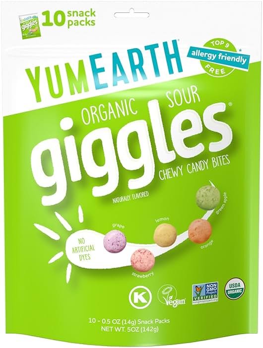 YumEarth Organic Sour Giggles Chewy Candy - Allergy Friendly (Top 9 Free), No Artificial Dyes, Non GMO, Gluten Free, Vegan - Individually Wrapped Sour Snack Packs - 0.5 Ounce (Pack of 10) - Product Image