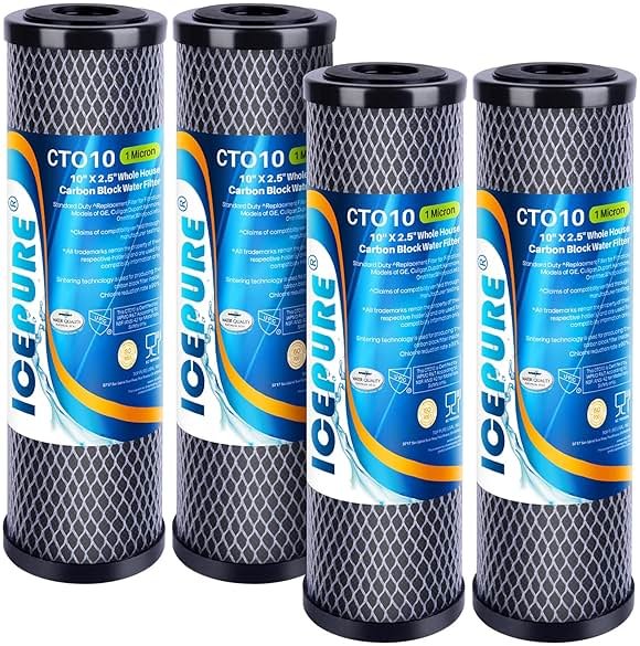 ICEPURE 1 Micron 2.5" x 10" Whole House CTO Carbon Sediment Water Filter Cartridge Compatible with DuPont WFPFC8002, WFPFC9001, SCWH-5, WHCF-WHWC, WHCF-WHWC, FXWTC, CBC-10, RO Unit, Pack of 4 - Product Image