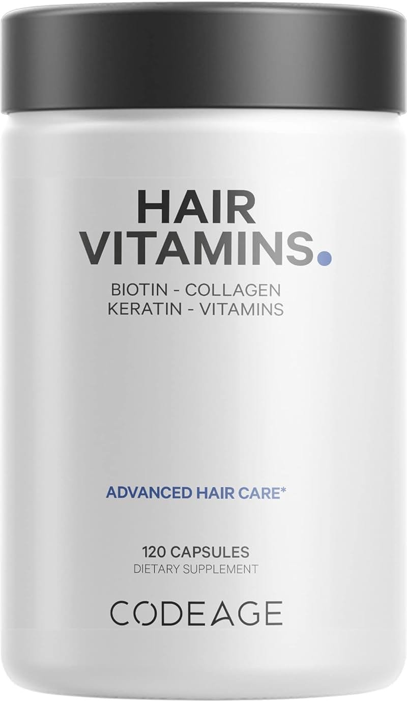 Codeage Hair Vitamins 10000 mcg Biotin, Keratin, Collagen, Vitamin A, B12, C, D3, E, Zinc, Turmeric, Probiotics, Enzymes, Inositol - Hair Care Support - Healthy Hair Supplement Pills - 120 Capsules - Product Image