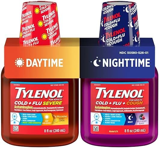 Tylenol Cold + Flu Severe Daytime & Nighttime Liquid Cough Medicine with Acetaminophen Pain Reliever & Fever Reducer, Nasal Decongestant & Antihistamine, Value Pack, 2 ct. of 8 fl. oz - Product Image