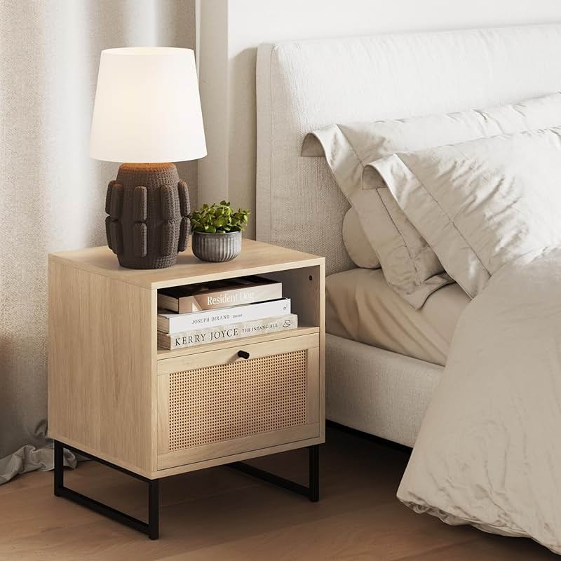 Nathan James Mina Rattan Wood End Side Accent Table Nightstand with Storage for Living Room or Bedroom, 1, Oak/Black - Product Image