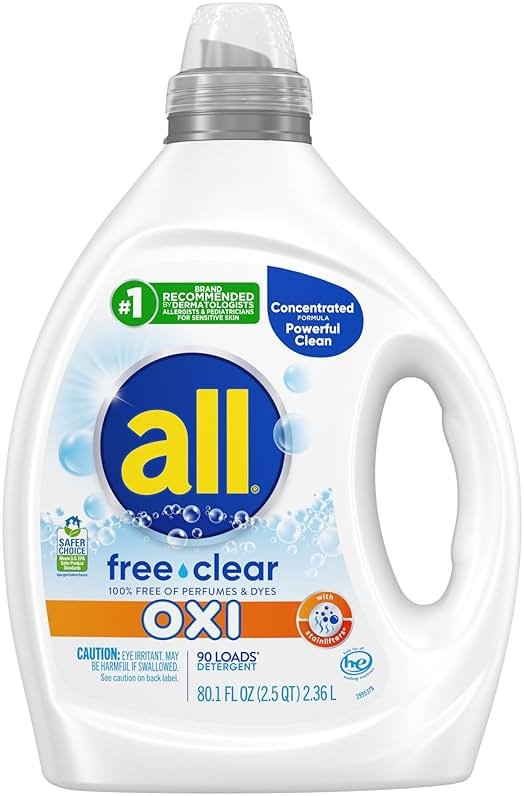 all Liquid Laundry Detergent, Free Clear for Sensitive Skin with OXI, Unscented and Hypoallergenic, 2X Concentrated, 90 Loads - Product Image