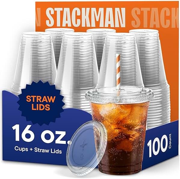 16 oz Clear Plastic Cups with Straw-Slot Lids [100 Sets] PET Crystal Clear Disposable Cups with Lids - Durable Cup. BPA Free + Crack Resistant, for Coffee, Juice, Shakes - Product Image