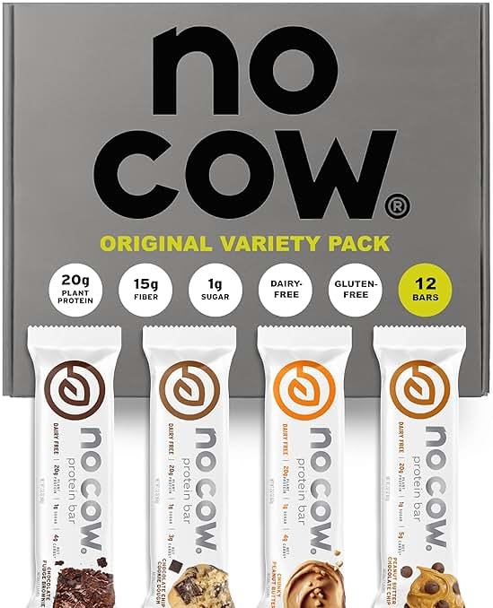 No Cow Vegan Protein Bars, Upgraded Original Variety Pack | 20g Plant Based Protein, Gluten Free, Dairy Free, Soy Free, Keto Friendly, Low Sugar, High Fiber Snack Bars | Pack of 12 - Product Image