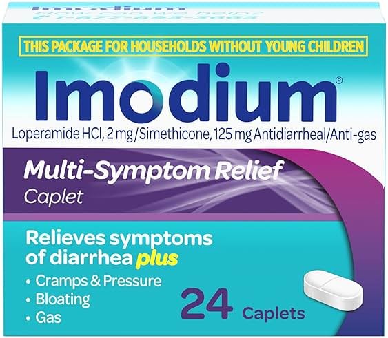 Imodium Multi-Symptom Anti-Diarrheal Caplets with 2mg Loperamide Hydrochloride and Simethicone for Fast Acting Relief of Diarrhea Gas Cramps Bloating in Travel Size Caplets, 24 Ct - Product Image
