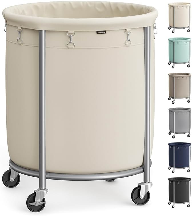 SONGMICS 50.2-Gallon (190 L) Laundry Basket with Wheels, Rolling Round Heavy-Duty Laundry Hamper Cart with Steel Frame and Removable Bag, 2 Locking, White and Metallic Silver, URLS01MZ - Product Image