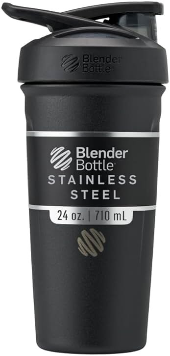 BlenderBottle Strada Shaker Cup Insulated Stainless Steel Water Bottle with Wire Whisk, 24-Ounce, Black - Product Image