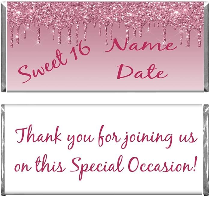 Personalized Custom Pink Glitter Design Birthday Chocolate Candy Bar Wrappers & Foils (Candy not included) (24) - Product Image