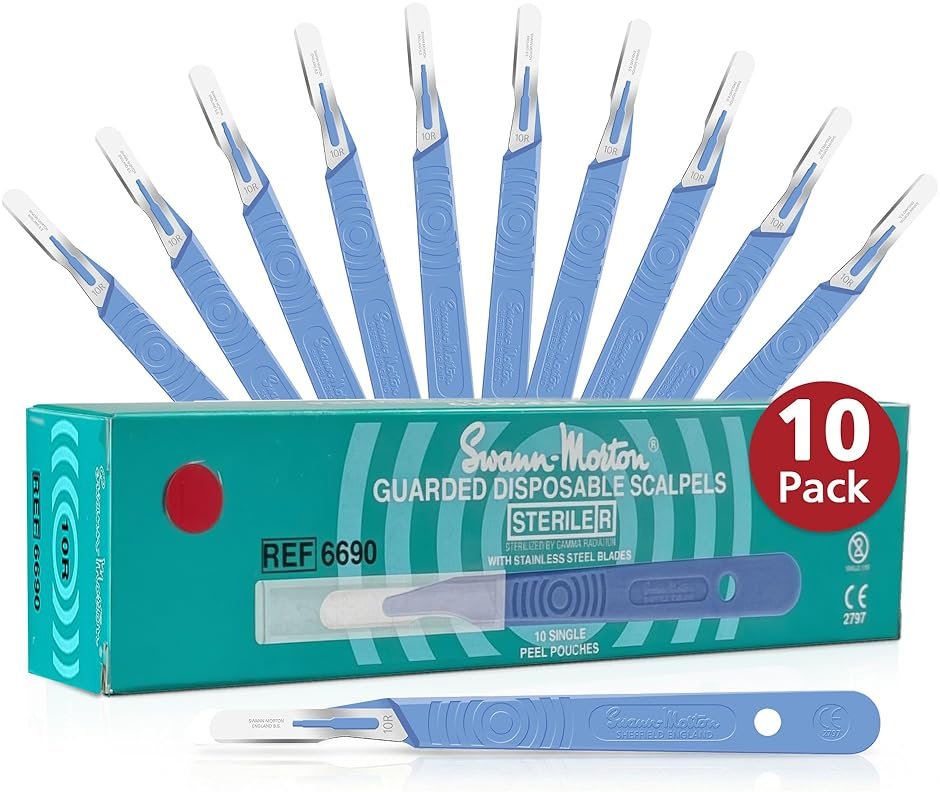 Swann Morton #10R Disposable Scalpel with Blade & Guard - Sterile Dermaplane Blade for Face, Dermaplaning for Women & Men, Stainless Steel, Esthetician Tools - Individually Packed, Box of 10 - Product Image