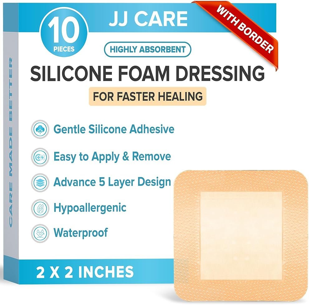 JJ CARE Silicone Foam Dressing 2x2 [Pack of 10], Silicone Bandages for Wounds, Waterproof Wound Dressing with Adhesive Border, Absorbent Bed Sore Bandages for Wound Care - Product Image