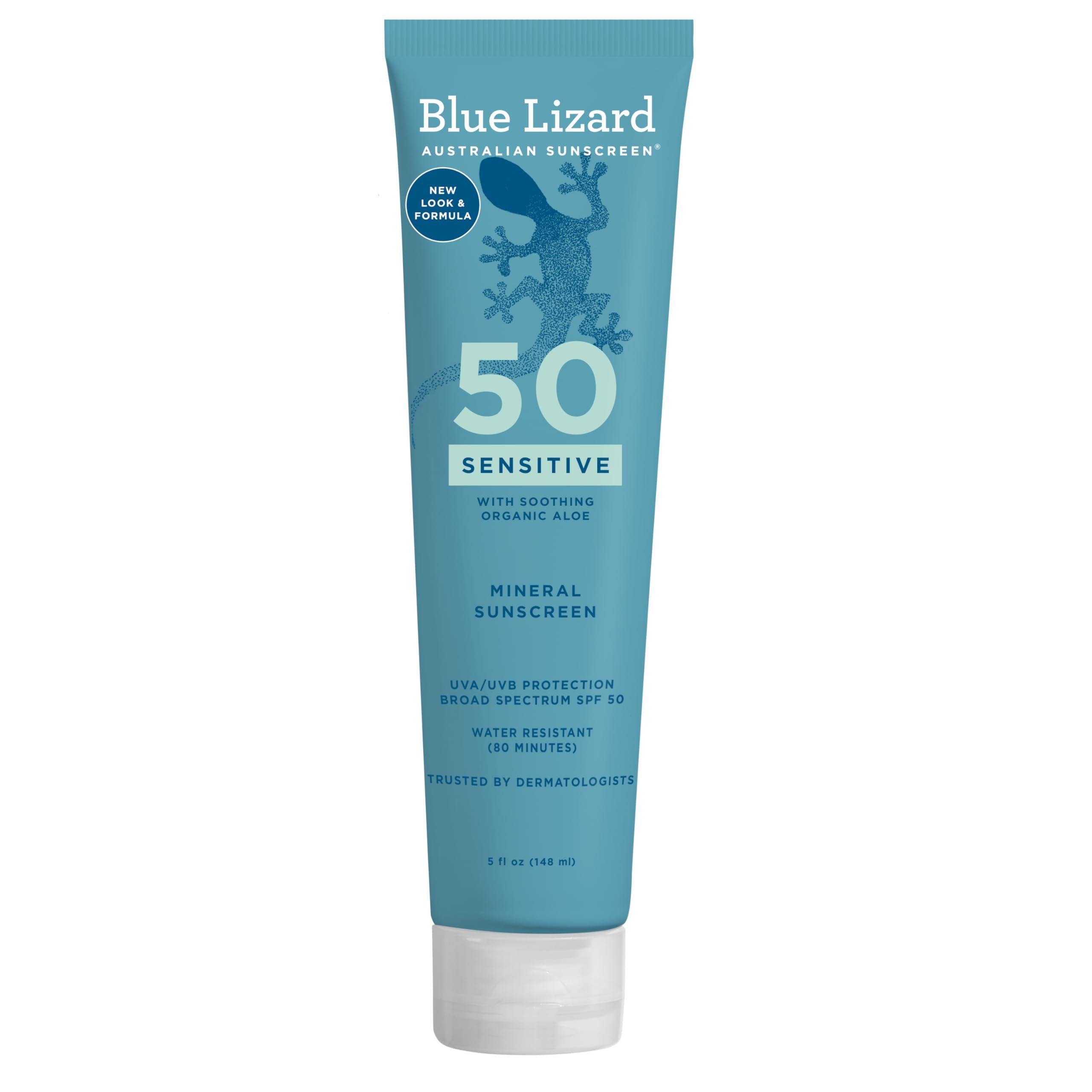 Blue Lizard Sensitive Mineral SPF 50 Sunscreen Lotion, 100% Mineral Sunscreen, UVA/UVB Protection, Infused with organic Aloe Vera, Soothes and Hydrates, 5 fl oz - Product Image