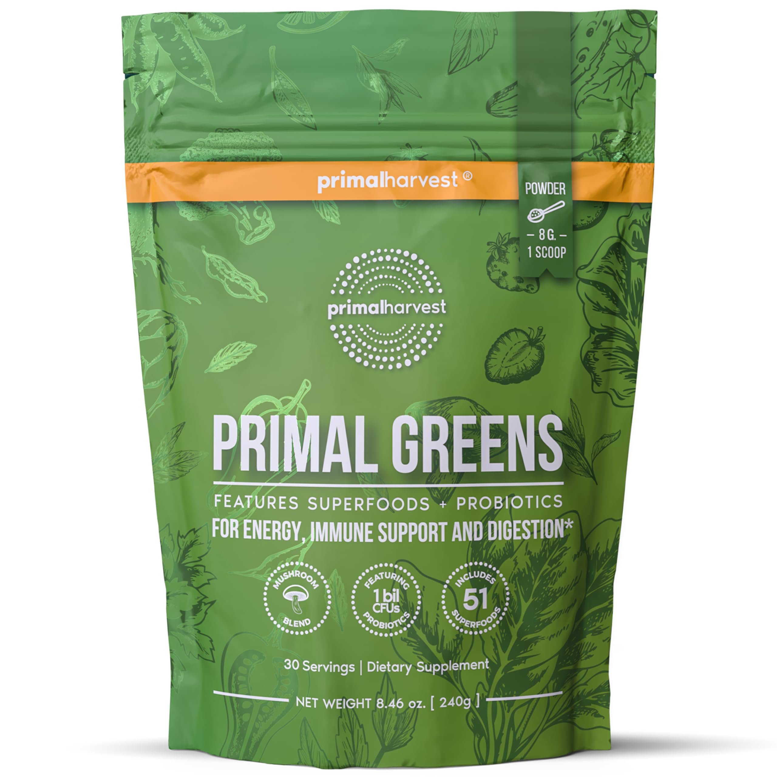 Primal Harvest Super Greens Powder, 30 Servings w/+50 Greens Superfood Chlorella, Probiotics, Green Tea, Wheatgrass, Kale, Turmeric for Energy,Primal Greens - Product Image