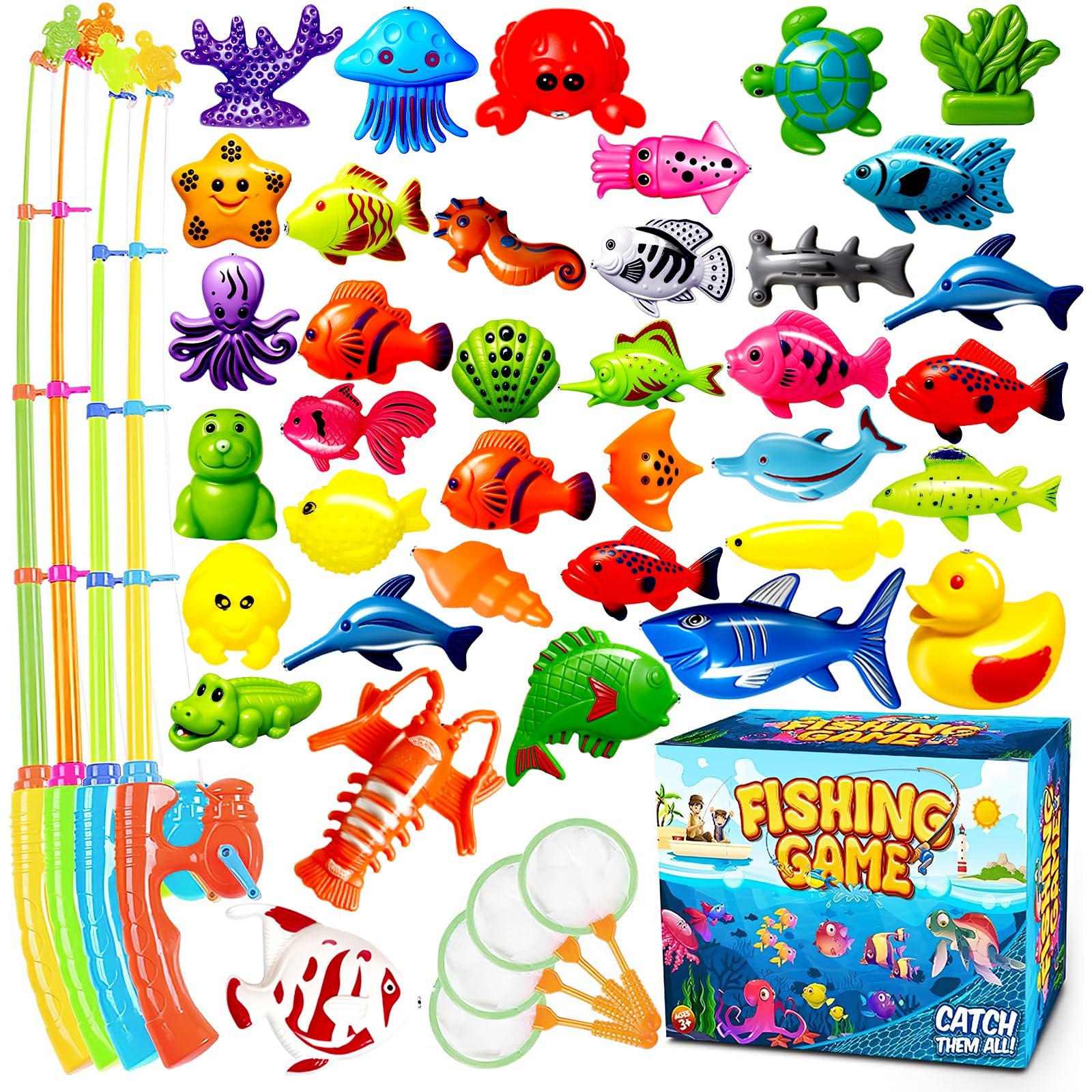 Goody King Magnetic Fishing Game Pool Party Pole Rod Net - Bathtub Outdoor Indoor Carnival Party Water Table Fish 4 Players Gift Age 3-5 6 4-8 (Large) - Product Image