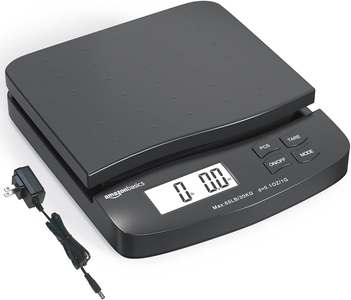 Amazon Basics Digital Postal Shipping Scale with Tare Function, AC Adapter, 65 lb Capacity, 0.1 oz Readability, LCD Display, Black - Product Image