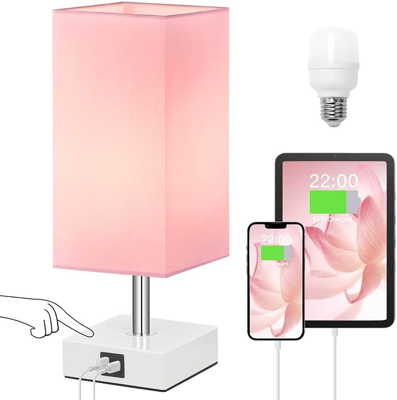 Ambimall Touch Control Table Lamp with 2 USB Charging Ports, 3 Way Touch Lamps Beside Desk, Nightstand Lamp for Bedrooms Living Room, Pink Shade with White Base, LED Bulb Included(Pink) - Product Image