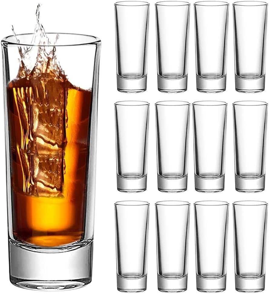Ruckae 12 Pack 2oz Shot Glasses Set Clear Shot Glasses Bulk with Heavy Base Bar Cylinder Glass Shot Cups for Vodka Tequila Whiskey Liquor Cocktail (Cylinder Shaped) - Product Image