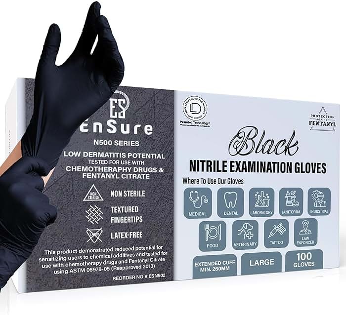 Ensure Black Nitrile Gloves – 5 Mil Heavy-Duty Disposable Gloves, Low Dermatitis, Powder & Latex Free, Chemo-Rated - Product Image